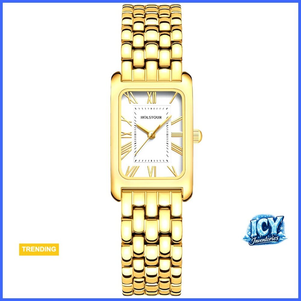 Vintage Rectangular Case Gold Watch Waterproof with Tools